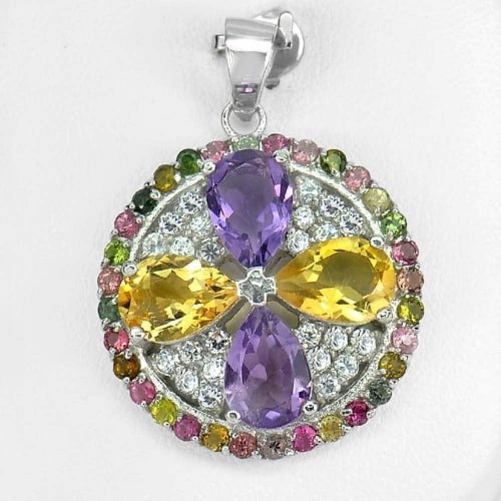 White Gold Plated Sterling Silver Natural Amethyst & Citrine Pendant 7.76 G.